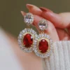 Gold Color Red CZ Hanging Earrings