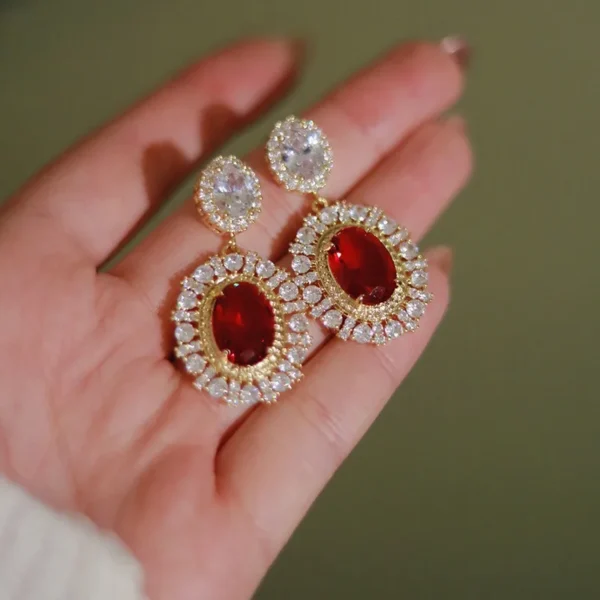 Gold Color Red CZ Hanging Earrings - Image 2