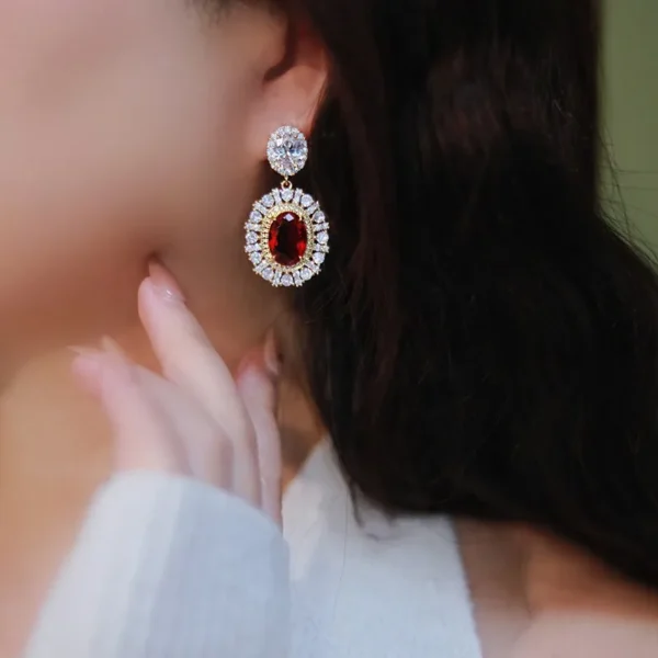 Gold Color Red CZ Hanging Earrings - Image 3