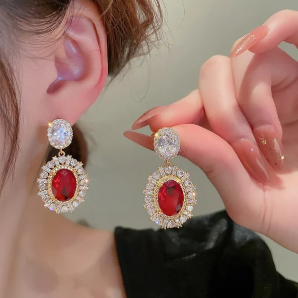 Gold Color Red CZ Hanging Earrings - Image 4